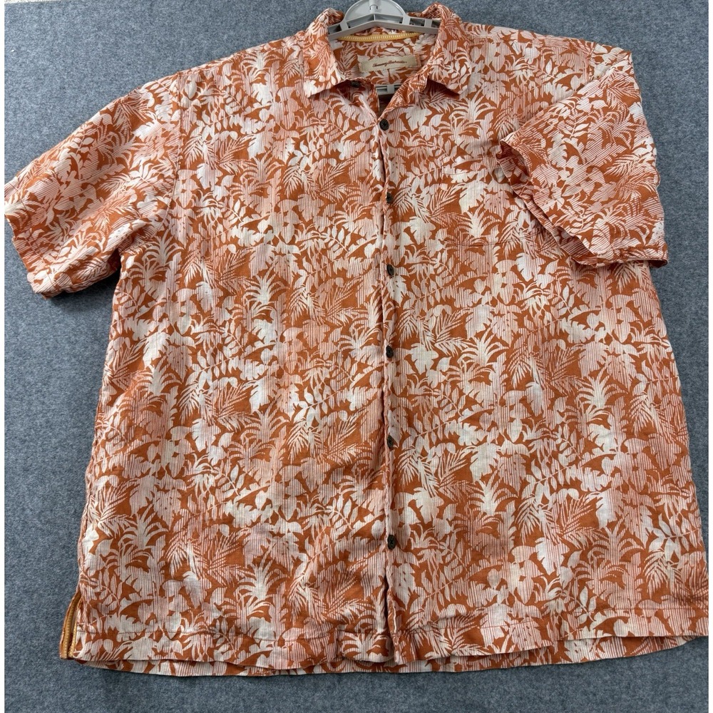 Tommy Bahama Linen Tropical Hawaiian Short‎ Sleeve Shirt Orange Floral Men's L